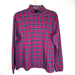 Lands End Mock Neck Shirt Womens S Red Blue Plaid Festive Season Winter Wardrobe